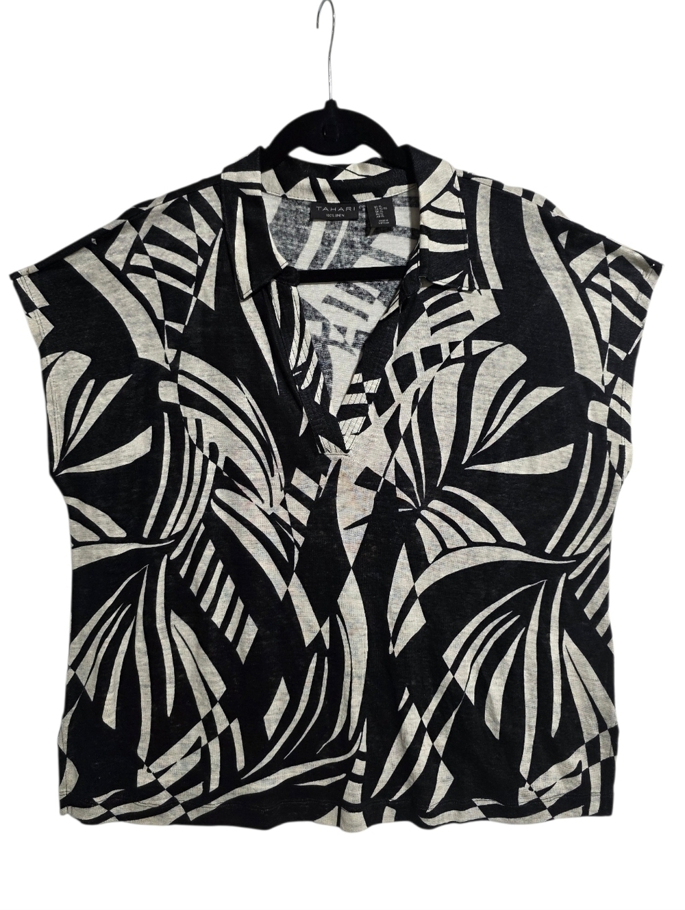 EUC TAHARI 100% LINEN BLACK WHITE LEAF PRINT BOXY POPOVER BLOUSE SZ XL
